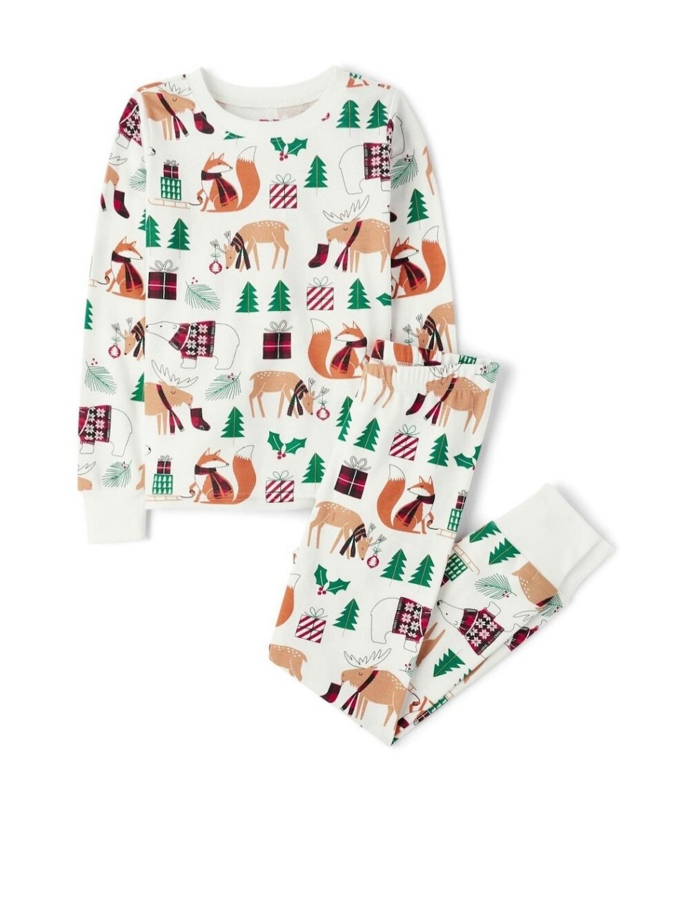 PJ Place- Family Pajama Set - Adult S White w/ Orange Fox & Brown Deer Prints